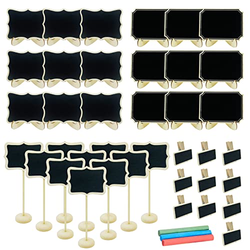 Woohome 30 PCS Mini Black Board and 10 PCS Chalkboard Wooden Clips with Chalk, 4 Style Mini Chalkboards Mini Wooden Blackboard Signs for Message Board Signs, Party Wedding Table