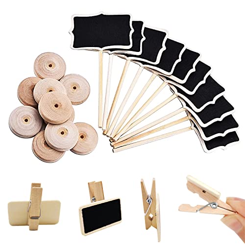 Woohome 30 PCS Mini Black Board and 10 PCS Chalkboard Wooden Clips with Chalk, 4 Style Mini Chalkboards Mini Wooden Blackboard Signs for Message Board Signs, Party Wedding Table