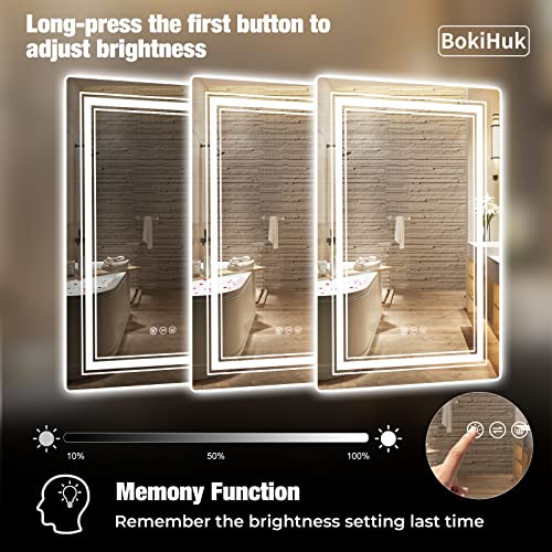 BokiHuk Led Bathroom Mirror with Lights, 40x24 inch Wall Mounted Lighted Vanity Mirror, Makeup Mirror Dimmable Anti-Fog with 3 Colors Light, Waterproof (Backlit & Front-Lighted)