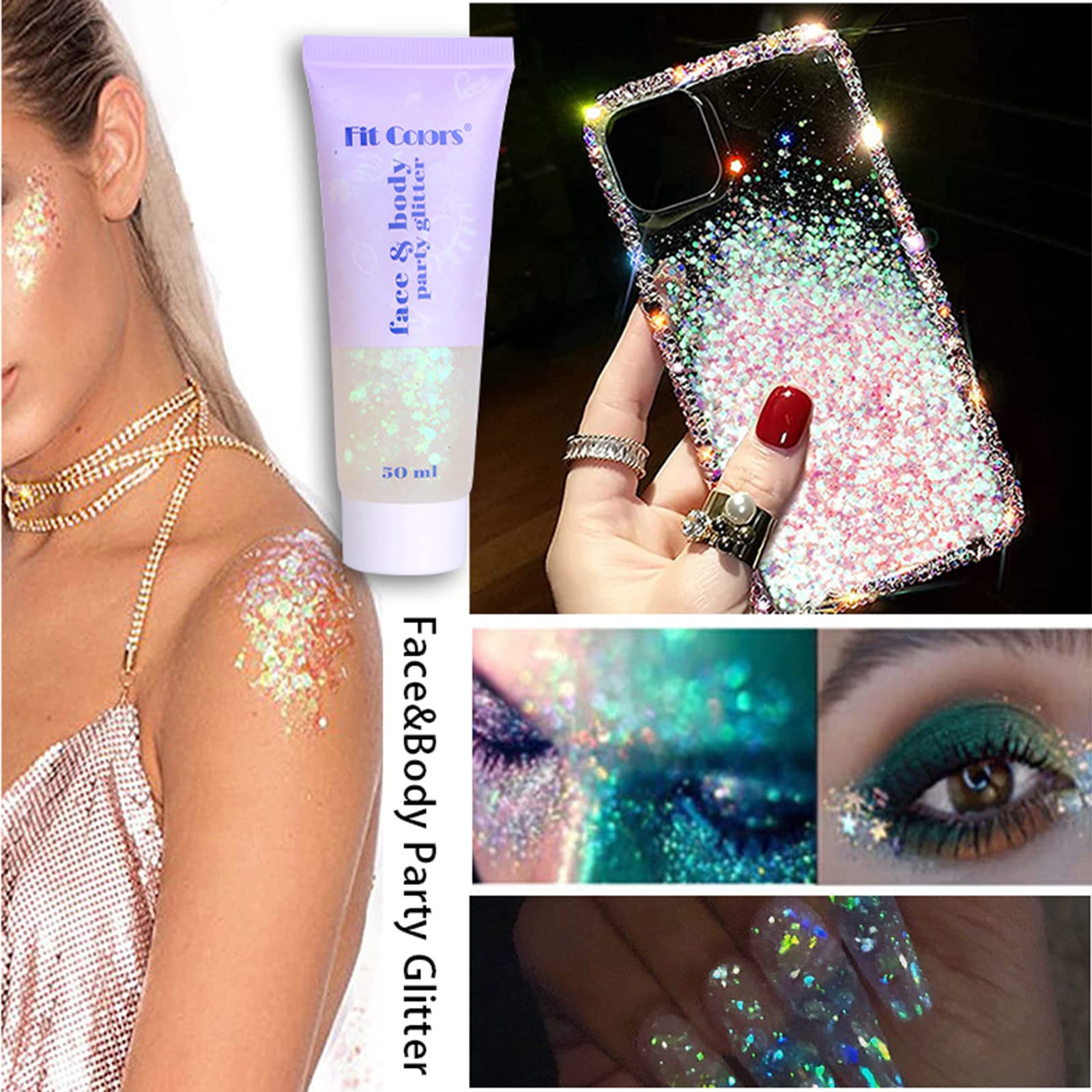 Glow in The Dark Body Glitter Gel, Holographic Chunky Glitter Makeup for Body, Hair, Face, Nail, Super Long Lasting Waterproof Luminous Face Glitter Gel for Carnival Party（#8 Luminous Glitter,1PC）