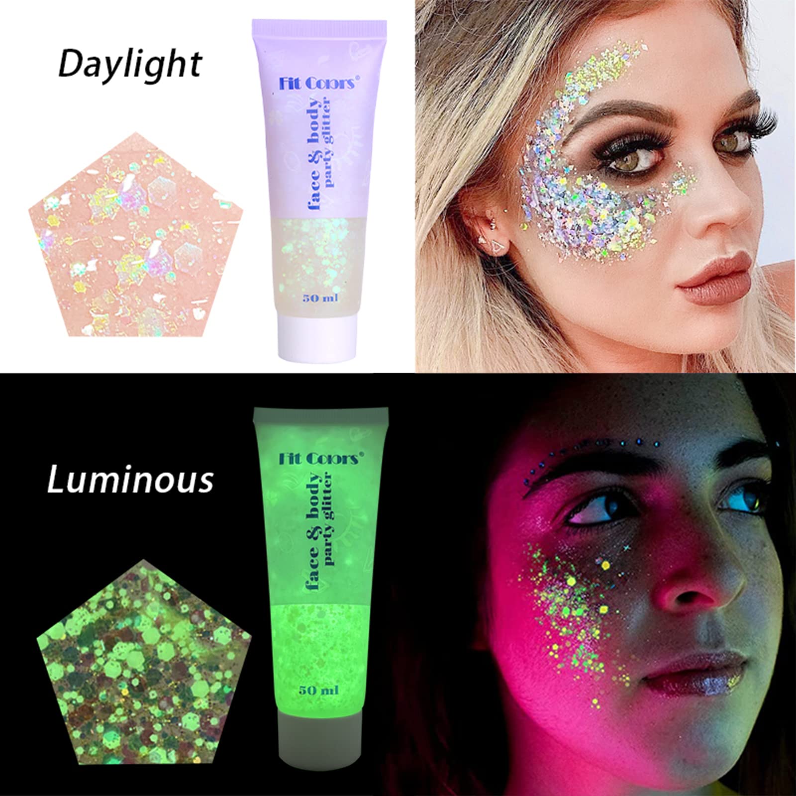 Glow in The Dark Body Glitter Gel, Holographic Chunky Glitter Makeup for Body, Hair, Face, Nail, Super Long Lasting Waterproof Luminous Face Glitter Gel for Carnival Party（#8 Luminous Glitter,1PC）