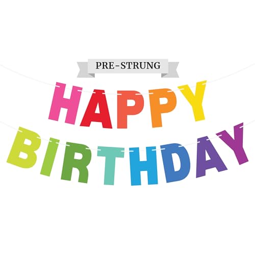 Pre-Strung Happy Birthday Banner - NO DIY - Colorful Birthday Party Banner - Pre-Strung Garland on 8 ft Strands - Bold Multi Color Rainbow Birthday Party Decorations & Decor. Did we Mention no DIY?