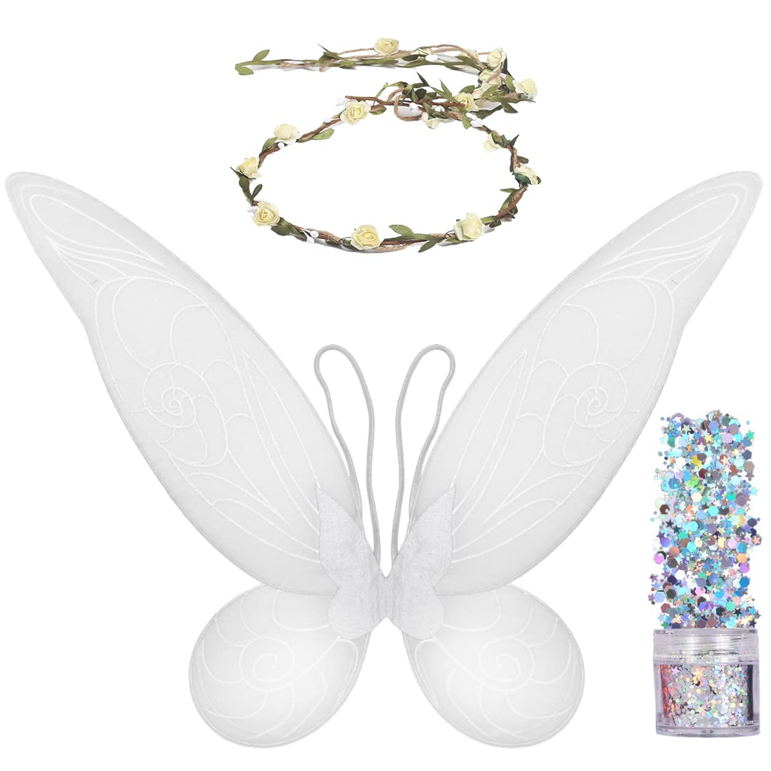 Funcredible Fairy Costume Accessories - White Fairy Wings and Flower Crown, Glitter - Tooth Fairy Cosplay Outfit for Women and Girls