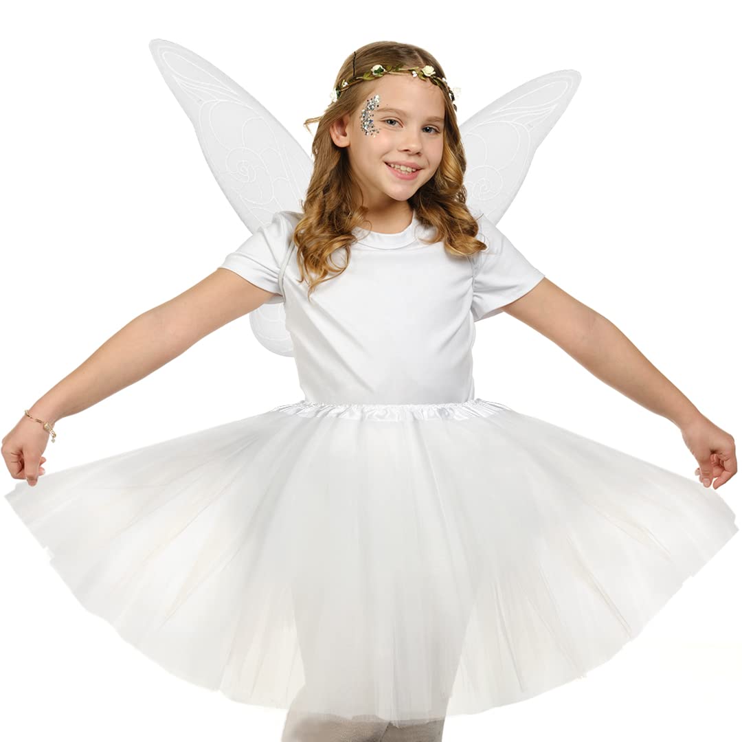 Funcredible Fairy Costume Accessories - White Fairy Wings and Flower Crown, Glitter - Tooth Fairy Cosplay Outfit for Women and Girls