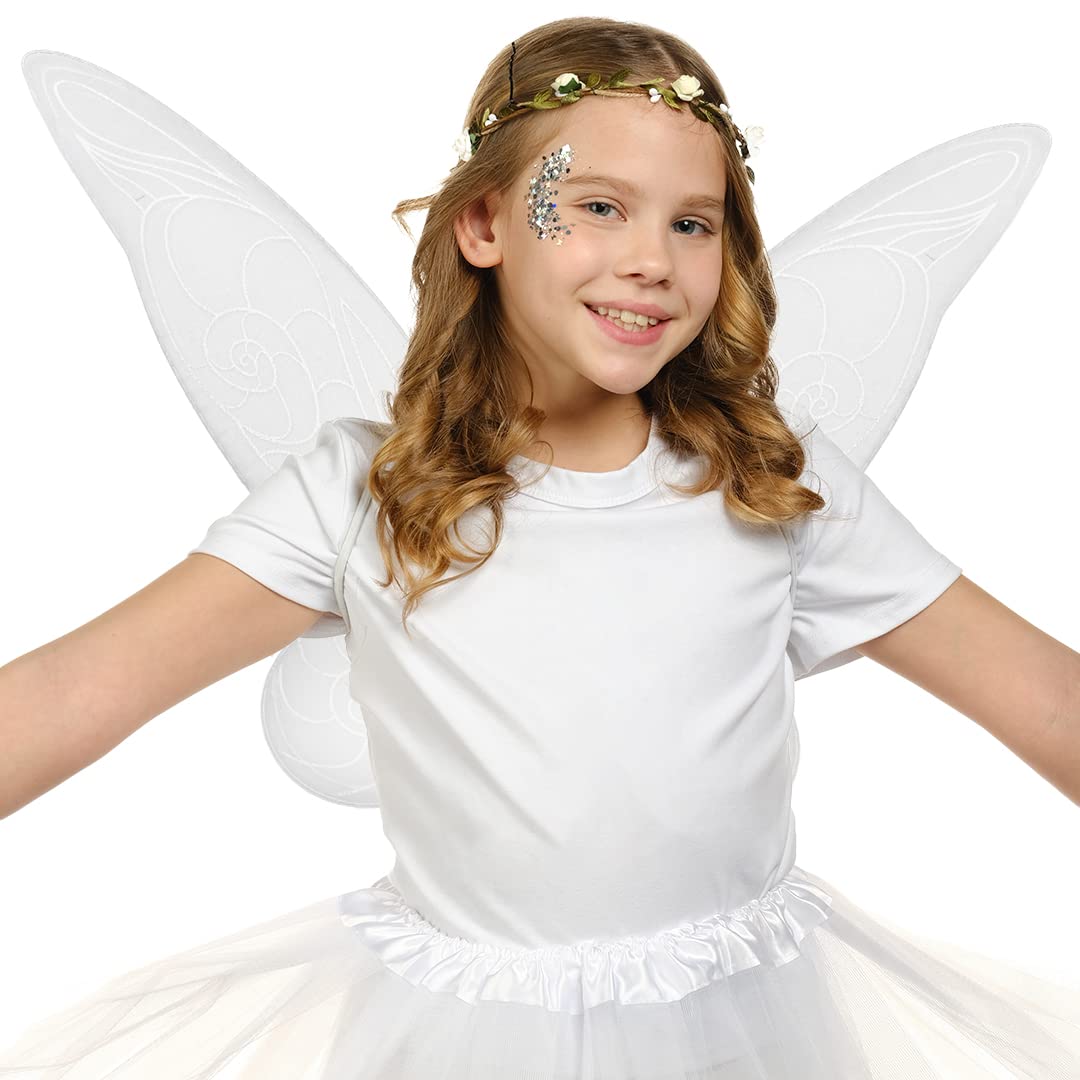 Funcredible Fairy Costume Accessories - White Fairy Wings and Flower Crown, Glitter - Tooth Fairy Cosplay Outfit for Women and Girls