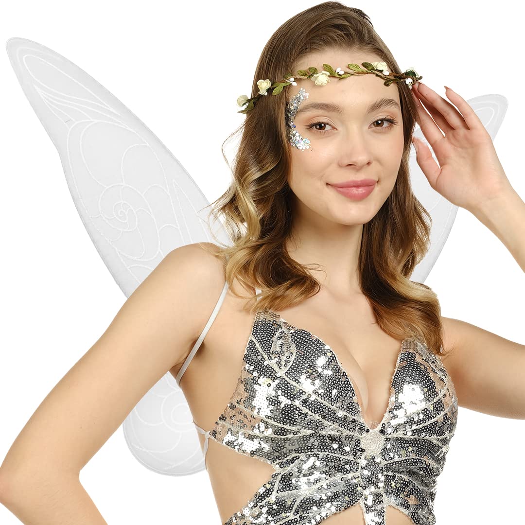 Funcredible Fairy Costume Accessories - White Fairy Wings and Flower Crown, Glitter - Tooth Fairy Cosplay Outfit for Women and Girls