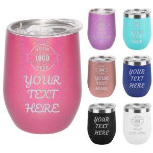 personalized your text & logo wine tumblers 12 oz. laser engraved stainless steel vacuum insulated travel mug with lid, custom birthday gift for him, her