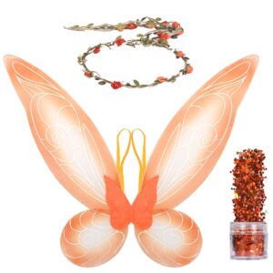 funcredible fairy costume accessories - orange fairy wings and flower crown, glitter - tooth fairy cosplay outfit for women and girls