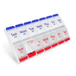 ezy dose push button (7-day) pill case, medicine planner, vitamin organizer, 2 times a day am/pm, large compartments, arthritis friendly, clear lids, red/blue
