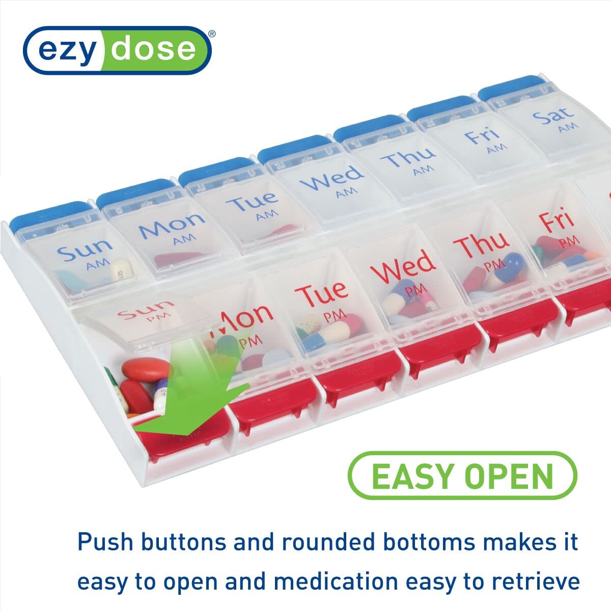 EZY DOSE Push Button (7-Day) Pill Case, Medicine Planner, Vitamin Organizer, 2 Times a Day AM/PM, Large Compartments, Arthritis Friendly, Clear Lids, Red/Blue