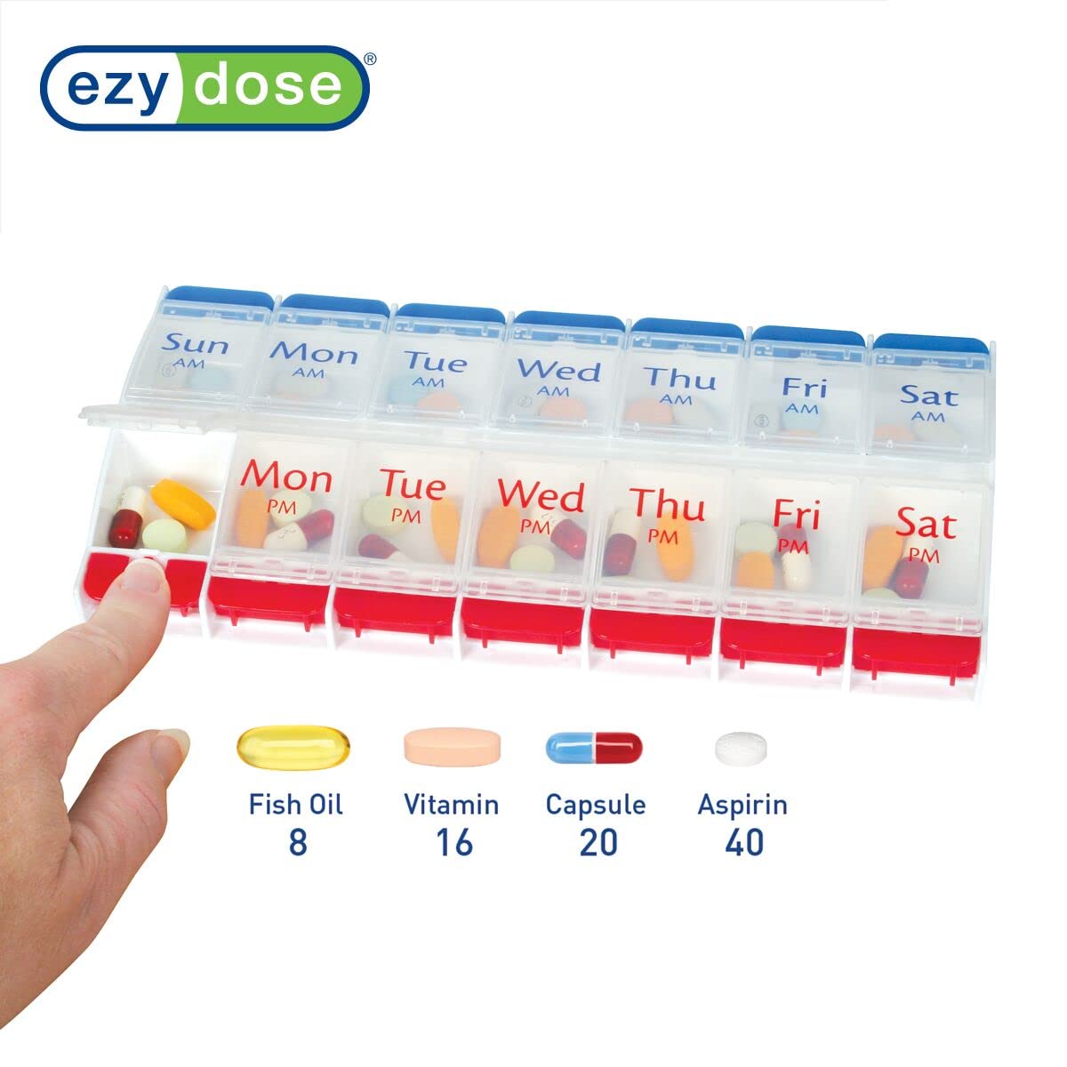 EZY DOSE Push Button (7-Day) Pill Case, Medicine Planner, Vitamin Organizer, 2 Times a Day AM/PM, Large Compartments, Arthritis Friendly, Clear Lids, Red/Blue