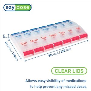 EZY DOSE Push Button (7-Day) Pill Case, Medicine Planner, Vitamin Organizer, 2 Times a Day AM/PM, Large Compartments, Arthritis Friendly, Clear Lids, Red/Blue