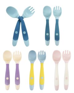 10 pcs toddler utensils, spoons and forks set with bendable handle, 5 toddler forks and 5 toddler spoons, baby feeding set for self feeding, silicone spoons forks for kids, bpa free