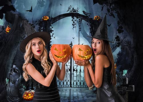 LYCGS 7X5FT Halloween Backdrop Horror Forest Night Halloween Backdrop for Photography Scary Pumpkin Lantern Tombstone Skull Photography Background Costume Ball Halloween Carnival Background X-58