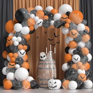 zfunbo 139 pack halloween balloon arch garland kit, orange black white balloons balloons set with 3d bat sticker spider web for halloween party decorations baby shower birthday party