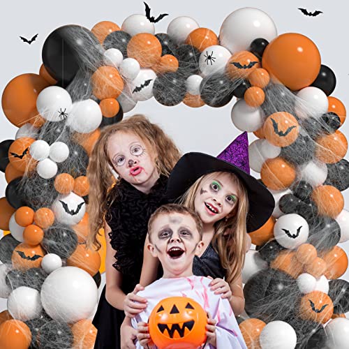 ZFUNBO 139 Pack Halloween Balloon Arch Garland Kit, Orange Black White Balloons Balloons Set with 3D Bat Sticker Spider Web for Halloween Party Decorations Baby Shower Birthday Party