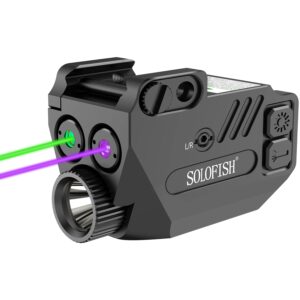 solofish 500 lumens pistol light with purple green laser sight and strobe tactical flashlight combo, rechargeable weapon light and beams for guns/handguns w/a rail