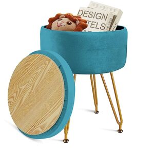 round velvet storage ottoman, modern vanity stool round ottoman with storage, footrest stool for vanity with metal legs, tray top coffee table, makeup footstool, green