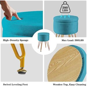 Round Velvet Storage Ottoman, Modern Vanity Stool Round Ottoman with Storage, Footrest Stool for Vanity with Metal Legs, Tray Top Coffee Table, Makeup Footstool, Green