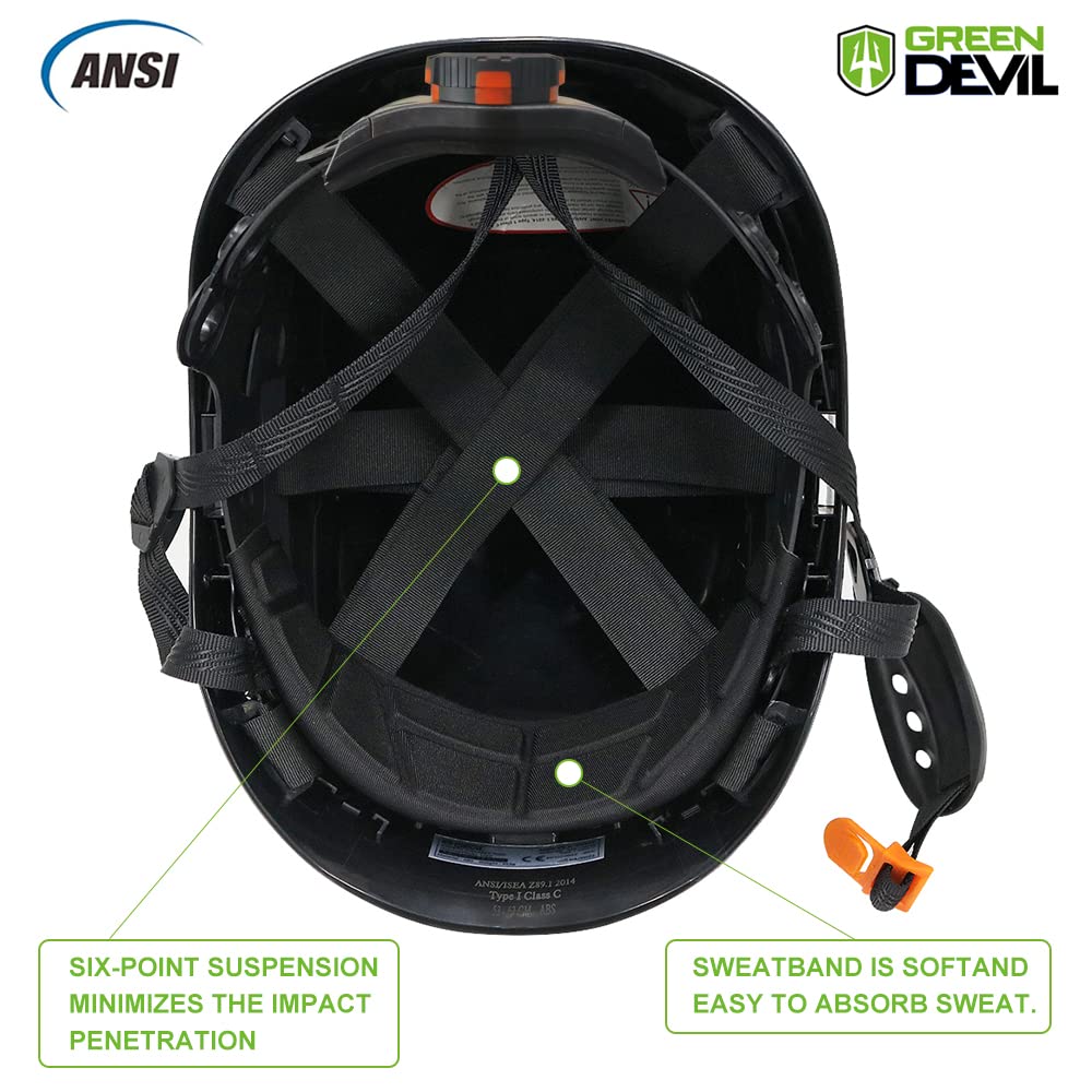 GREEN DEVIL Safety Helmet Hard Hat Adjustable Lightweight Vented ABS Work Helmet for Men and Women 6-Point Suspension ANSI Z89.1 Approved Ideal for Industrial & Construction