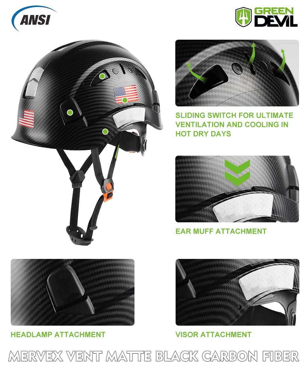 GREEN DEVIL Safety Helmet Hard Hat Adjustable Lightweight Vented ABS Work Helmet for Men and Women 6-Point Suspension ANSI Z89.1 Approved Ideal for Industrial & Construction