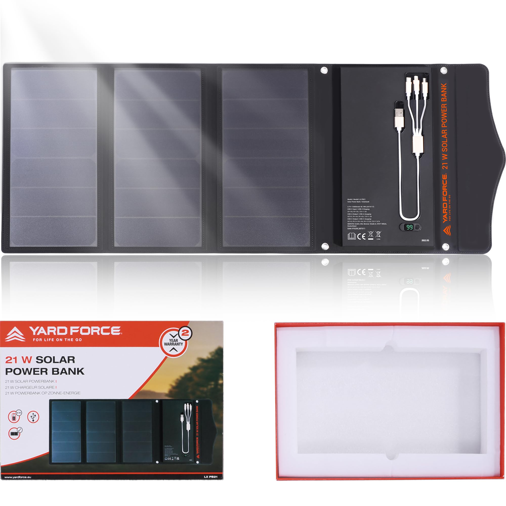 [2023 Red Dot Winner] YARD FORCE 21W & 13000MAH Solar Charger with Battery, Portale Solar Power Bank Built-in 3 in 1 Charging Cable, Qc 3.0 18w Fast Charging, Compatible with Phone, Android. LX PB21