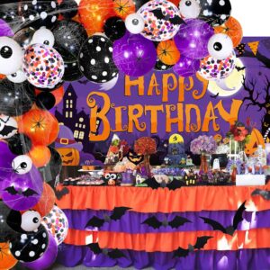 Halloween Birthday Party Decorations, Halloween Birthday Backdrop Banner Purple Orange Balloon Garland Arch Kit Confetti Balloons with Spider Web Bat Stickers for Halloween Theme Party Decorations