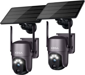 xega 2 pack security camera wireless outdoor 2k 360° ptz camera solar security cameras for home surveillance 2.4g wifi spotlight & siren color night vision pir motion detection 2-way talk ip66