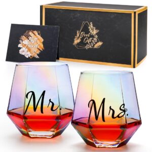ymyaye mr and mrs wine glasses set of 2 wedding gifts, engagement gift, iridescent diamond shaped wine glasses for couples gifts, unique colorful stemless wine glasses for his and hers (mr. and mrs.)