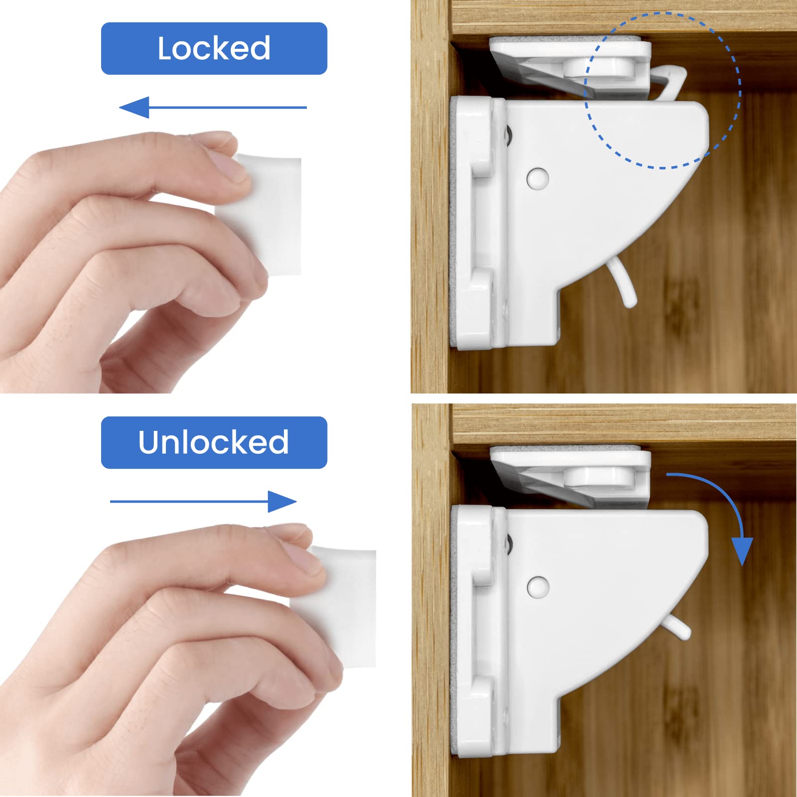 Lulasafe Magnetic Cabinet Locks – 10 Pack Baby Proof Cupboard Safety Latches – Adhesive, for Cabinets & Drawers - Easy Installation No Drilling or Tools Required