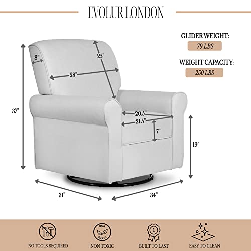 Evolur London Upholstered 360 Swivel Rocker Nursery Glider Durable Soft Fabric, Misty Grey