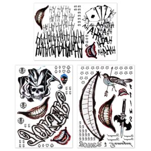 3 sheets joker tattoos, realistic & last long halloween fake temporary tattoo sticker for men - all versions - perfect for halloween cosplay costumes masquerade party makeup accessories