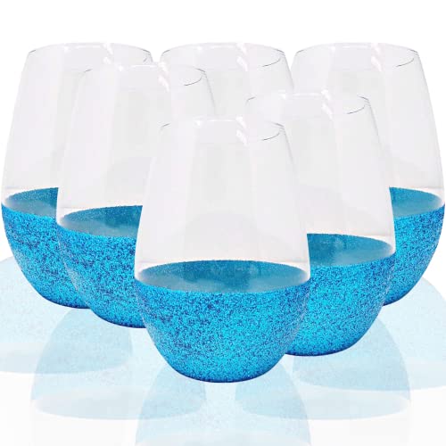 Needzo Bulk Stemless Wine Glass Set, Blue Glitter Bottom Wine Glasses, Cute Drinking Cups for Women, Housewarming Gift Ideas, Pack of 6, 20 Ounces