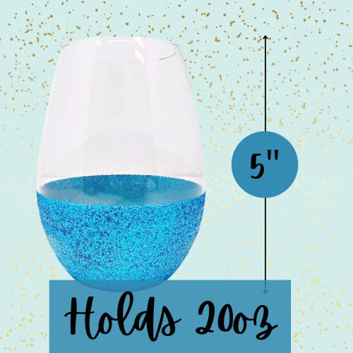 Needzo Bulk Stemless Wine Glass Set, Blue Glitter Bottom Wine Glasses, Cute Drinking Cups for Women, Housewarming Gift Ideas, Pack of 6, 20 Ounces