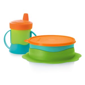tupperware brand tupperkids feeding set - lime aid, tropical water & orange peel colors - includes divided dish & sip ‘n care sippy cup