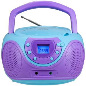 hplay gummy p16 portable cd player boombox am fm digital tuning radio, aux line-in, headphone jack, foldable carrying handle (violet)