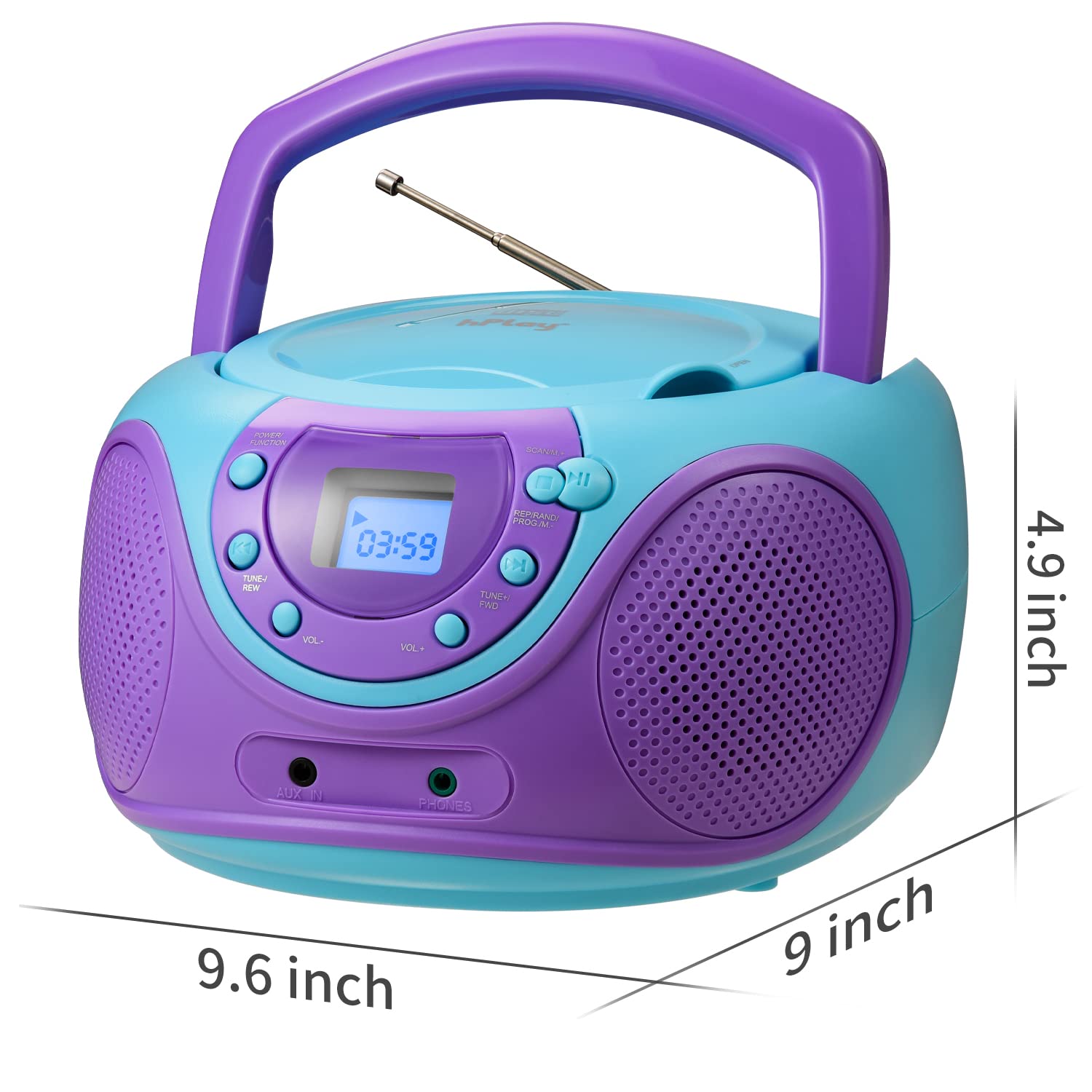 hPlay Gummy P16 Portable CD Player Boombox AM FM Digital Tuning Radio, Aux Line-in, Headphone Jack, Foldable Carrying Handle (Violet)