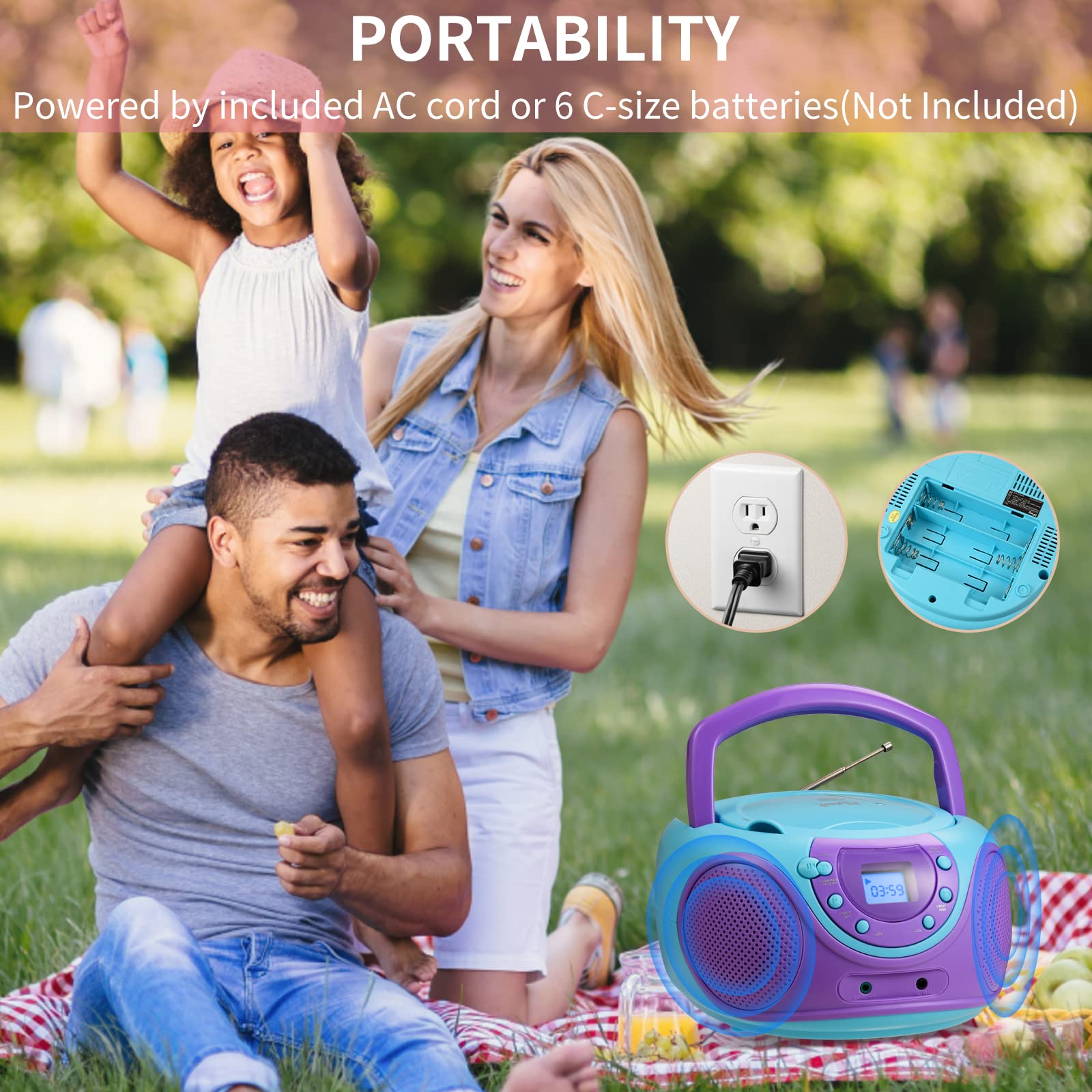 hPlay Gummy P16 Portable CD Player Boombox AM FM Digital Tuning Radio, Aux Line-in, Headphone Jack, Foldable Carrying Handle (Violet)