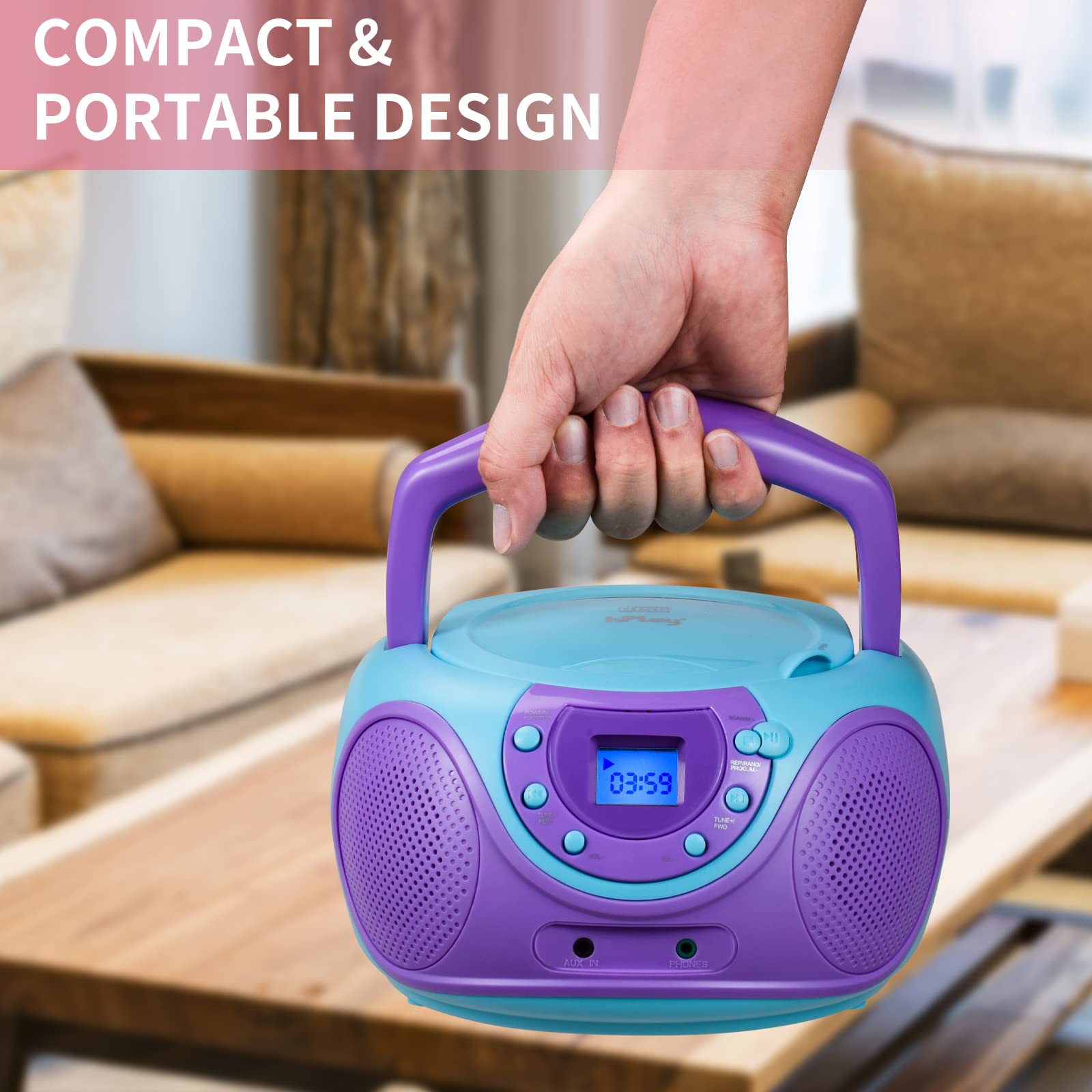 hPlay Gummy P16 Portable CD Player Boombox AM FM Digital Tuning Radio, Aux Line-in, Headphone Jack, Foldable Carrying Handle (Violet)