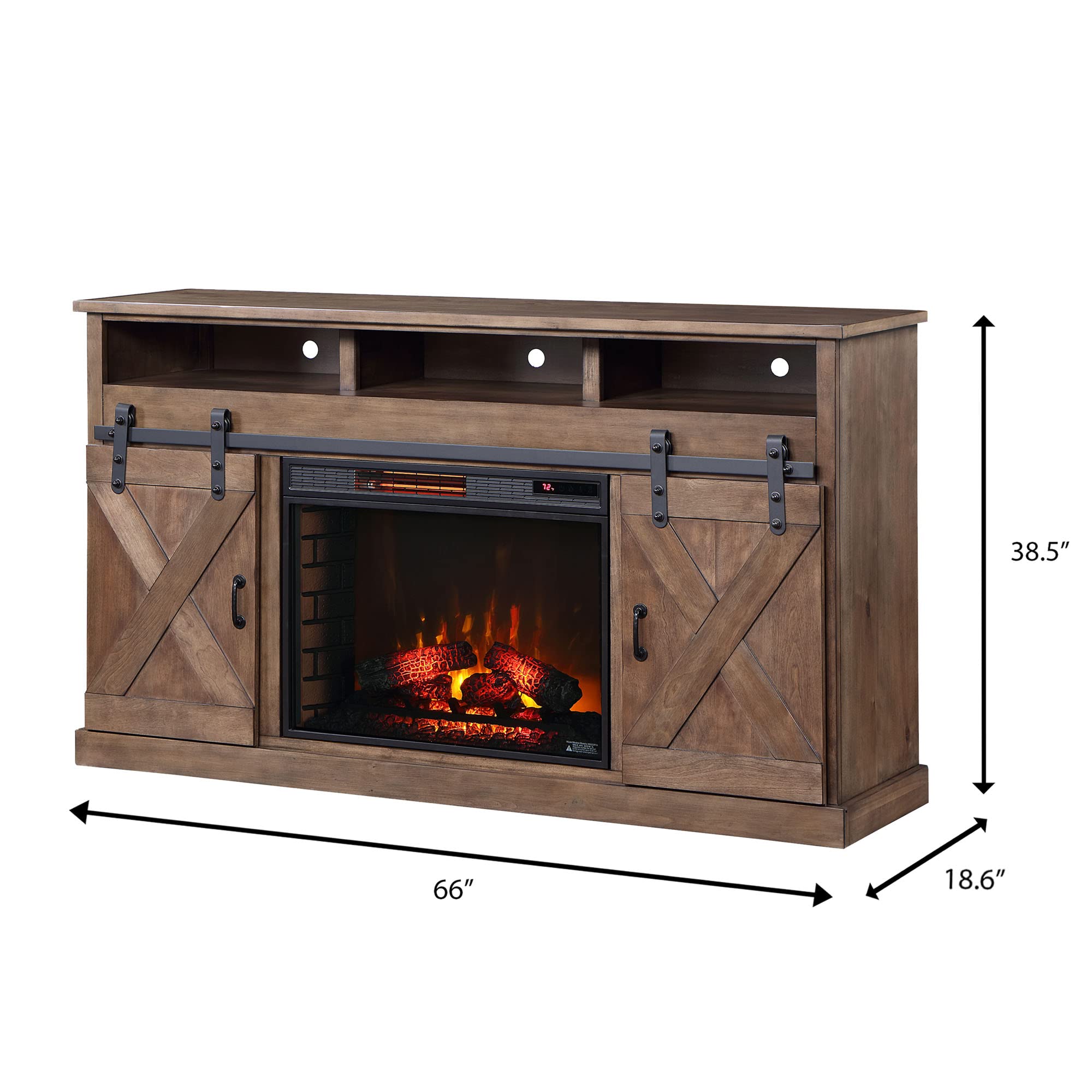 Bridgevine Home Rustic Farmhouse Fireplace TV Stand, 66 Inches, Accommodates TVs up to 80 inches, Fully Assembled, Knotty Alder Solid Wood, Barnwood Finish