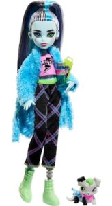 monster high doll, frankie stein creepover party set with pet dog watzie, sleepover clothes and accessories