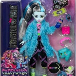 Monster High Doll, Frankie Stein Creepover Party Set with Pet Dog Watzie, Sleepover Clothes and Accessories