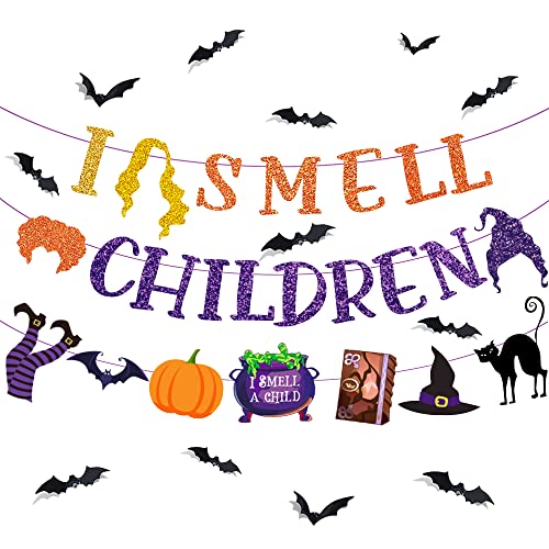 Hocus Pocus Glitter Banner Hocus Pocus Decorations Halloween Witch party Decorations Hocus pocus party decorations I smell Children Banner for Hocus Pocus Party Supplies(Two L is overlap)