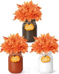 nefelibata fall mason jar floral arrangement table centerpiece with faux maple leaves pumpkins slices autumn farmhouse decor tiered tray happy fall y'all home ornaments set of 3 orange-white-brown