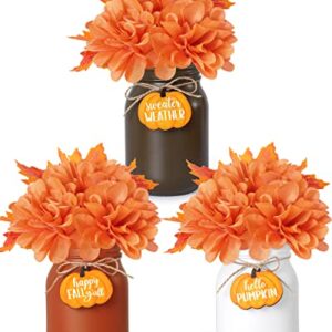 Nefelibata Fall Mason Jar Floral Arrangement Table Centerpiece with Faux Maple Leaves Pumpkins Slices Autumn Farmhouse Decor Tiered Tray Happy Fall Y'all Home Ornaments Set of 3 Orange-White-Brown