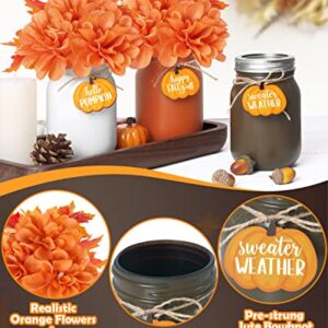 Nefelibata Fall Mason Jar Floral Arrangement Table Centerpiece with Faux Maple Leaves Pumpkins Slices Autumn Farmhouse Decor Tiered Tray Happy Fall Y'all Home Ornaments Set of 3 Orange-White-Brown