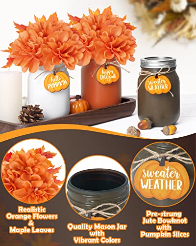 Nefelibata Fall Mason Jar Floral Arrangement Table Centerpiece with Faux Maple Leaves Pumpkins Slices Autumn Farmhouse Decor Tiered Tray Happy Fall Y'all Home Ornaments Set of 3 Orange-White-Brown