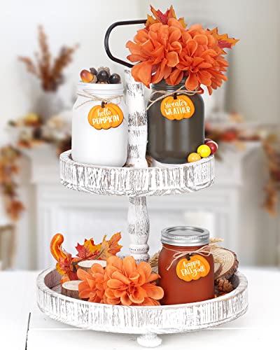 Nefelibata Fall Mason Jar Floral Arrangement Table Centerpiece with Faux Maple Leaves Pumpkins Slices Autumn Farmhouse Decor Tiered Tray Happy Fall Y'all Home Ornaments Set of 3 Orange-White-Brown