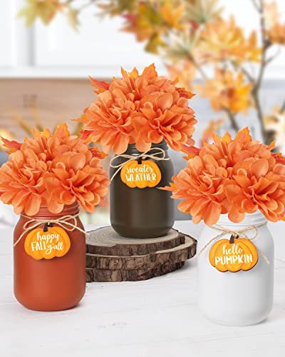 Nefelibata Fall Mason Jar Floral Arrangement Table Centerpiece with Faux Maple Leaves Pumpkins Slices Autumn Farmhouse Decor Tiered Tray Happy Fall Y'all Home Ornaments Set of 3 Orange-White-Brown