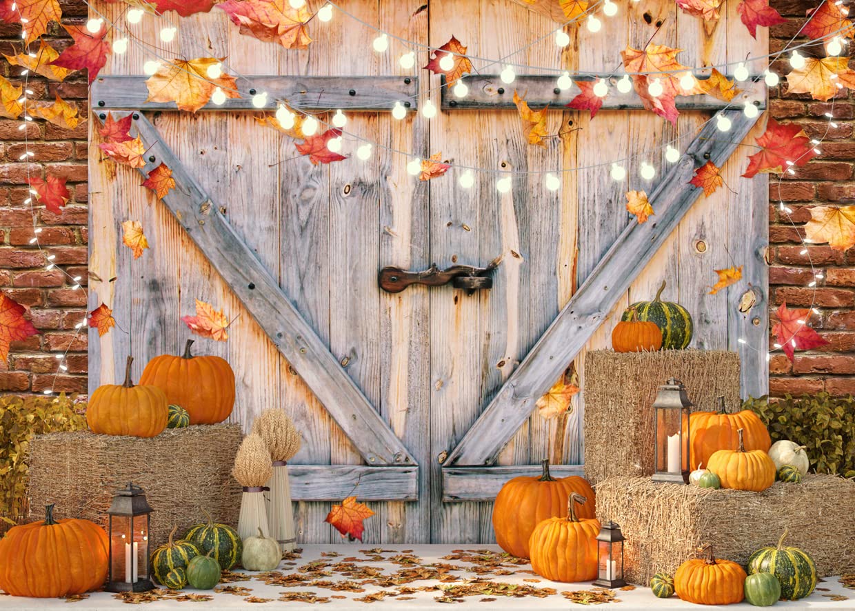 SJOLOON Autumn Backdrop Fall Pumpkin Harvest Photo Backdrop Thanksgiving Day Backdrop Barn Door Maple Leaf Backdrops for Photography Studio props12457 (7x5FT